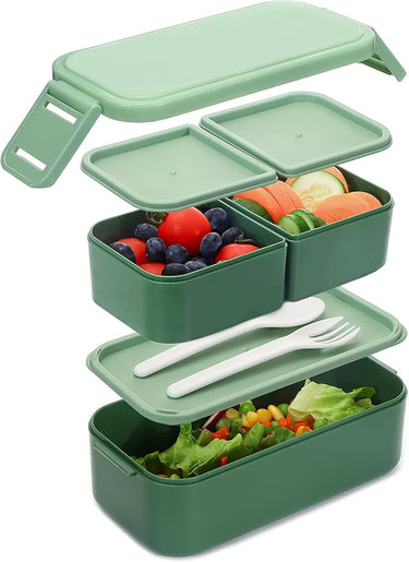 Bugucat Fiambrera 1300ML, 2 en 1 Capas Bento Lunch Box Prueba Fiambrera Apilable de Fugas con 3 Compartimentos, Lonchera con Cubiertos Niños Adultos, Bento Box Sin BPA Ideal Para,Picnic,Trabajo,Verde